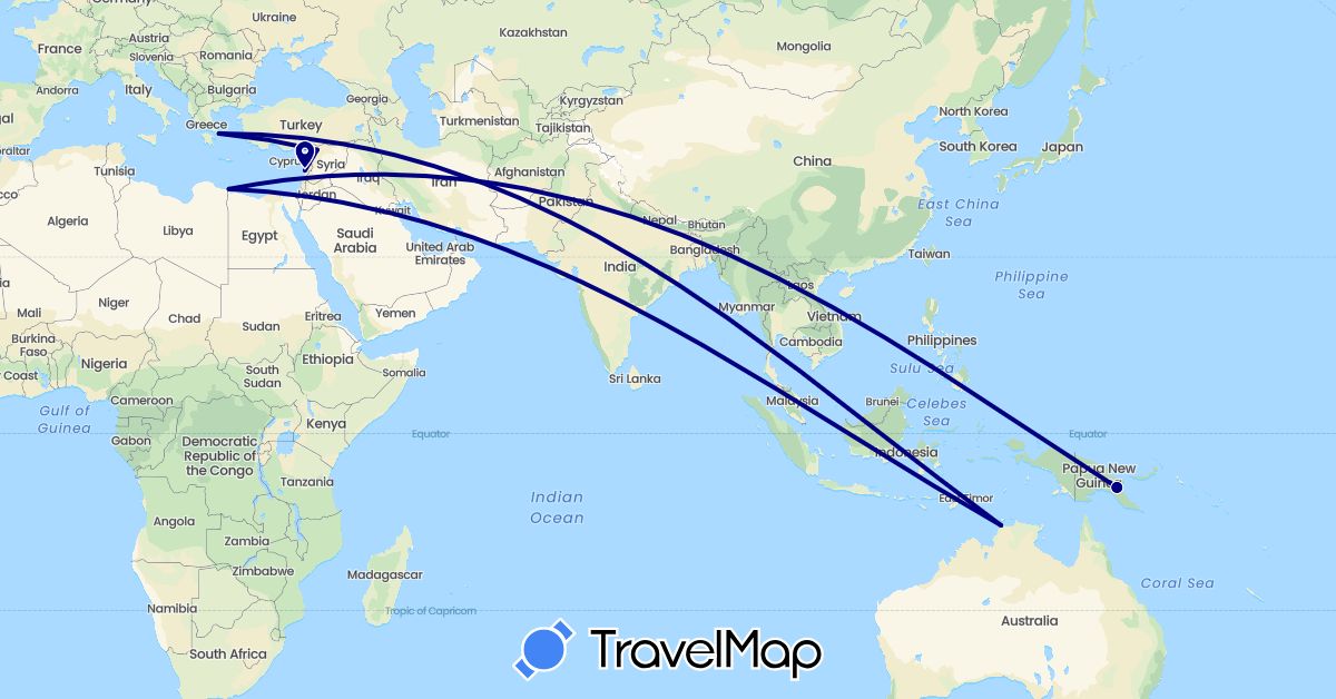 TravelMap itinerary: driving in Australia, Greece, Lebanon, Libya, Papua New Guinea, Syria (Africa, Asia, Europe, Oceania)